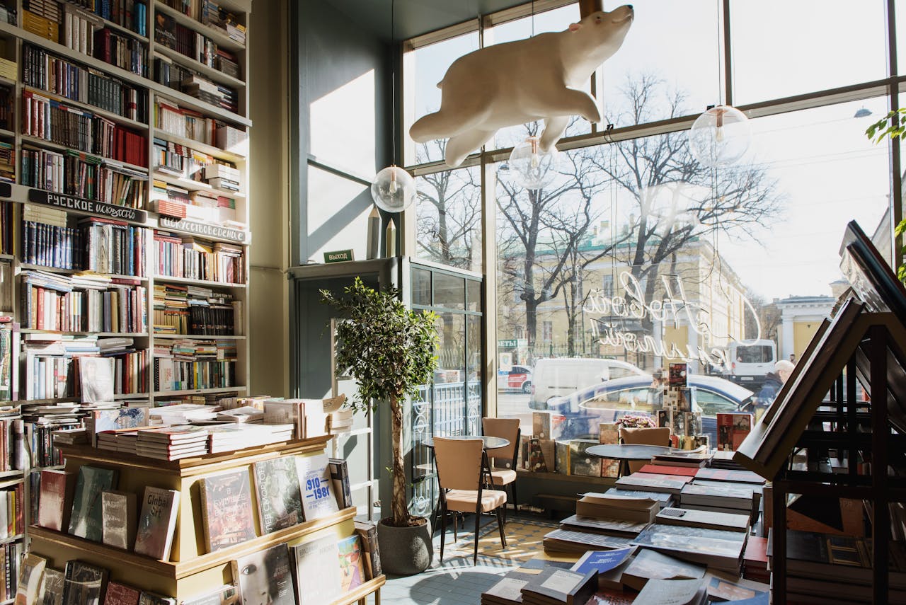 Sunlit bookstore with floor-to-ceiling shelves, cozy seating, and a whimsical polar bear display.